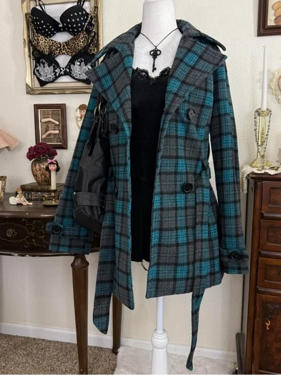 y2k preppy twee whimsical teal blue and gray cozy plaid coat - Picture 2 of 5